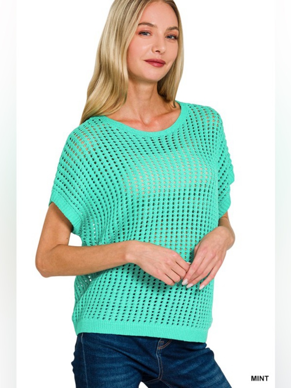 Zenana MINT VISCOSE CROCHET KNIT SHEER HOLLOW
SWEATER